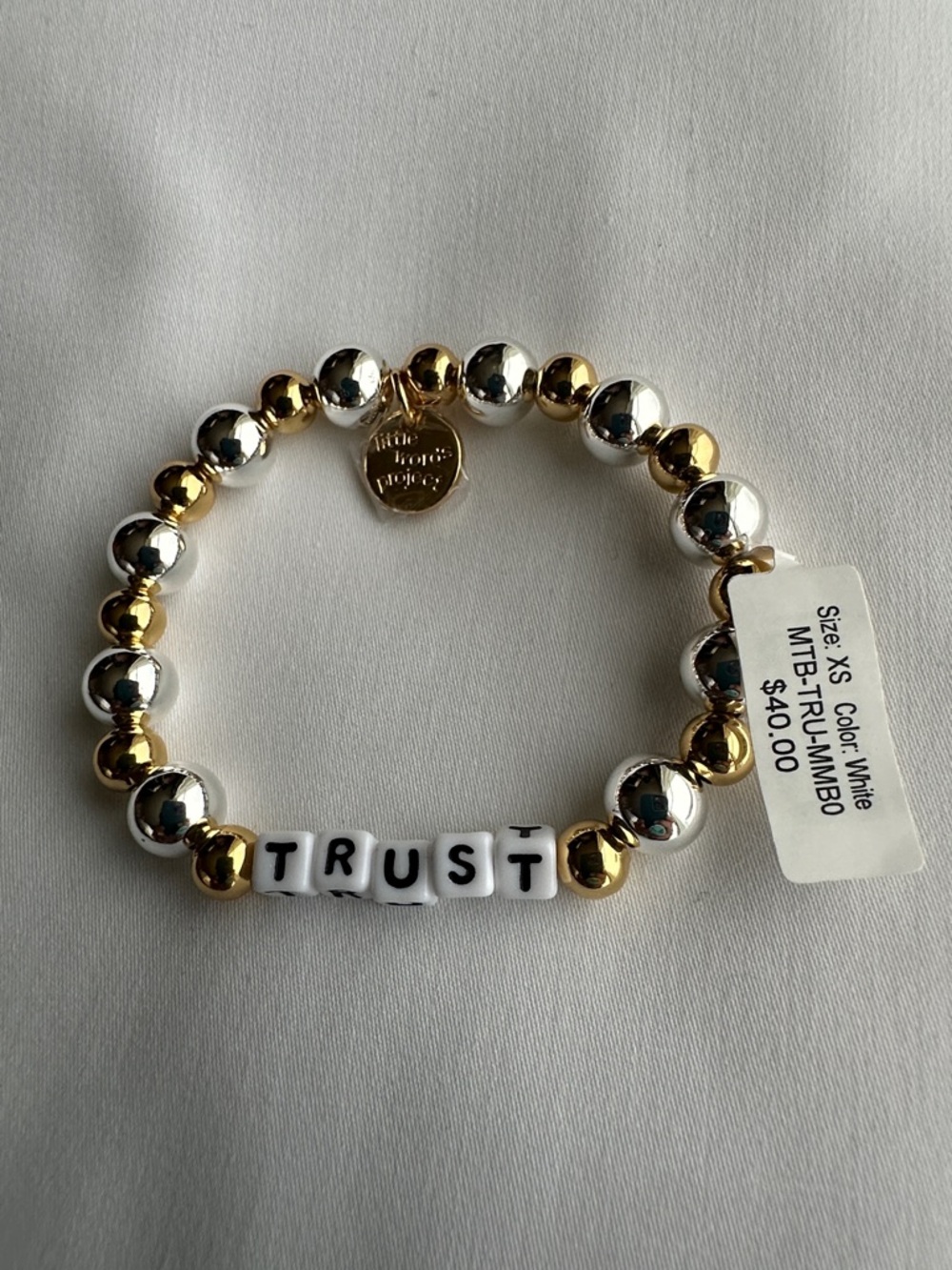 Little Words Project TRUST Beaded Stretch Bracelet in Gold Silver Size XS